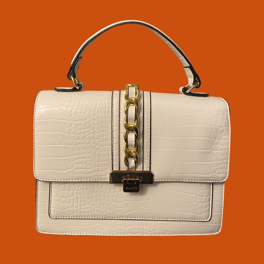 ALDO White Crocodile Print Leather Satchel
